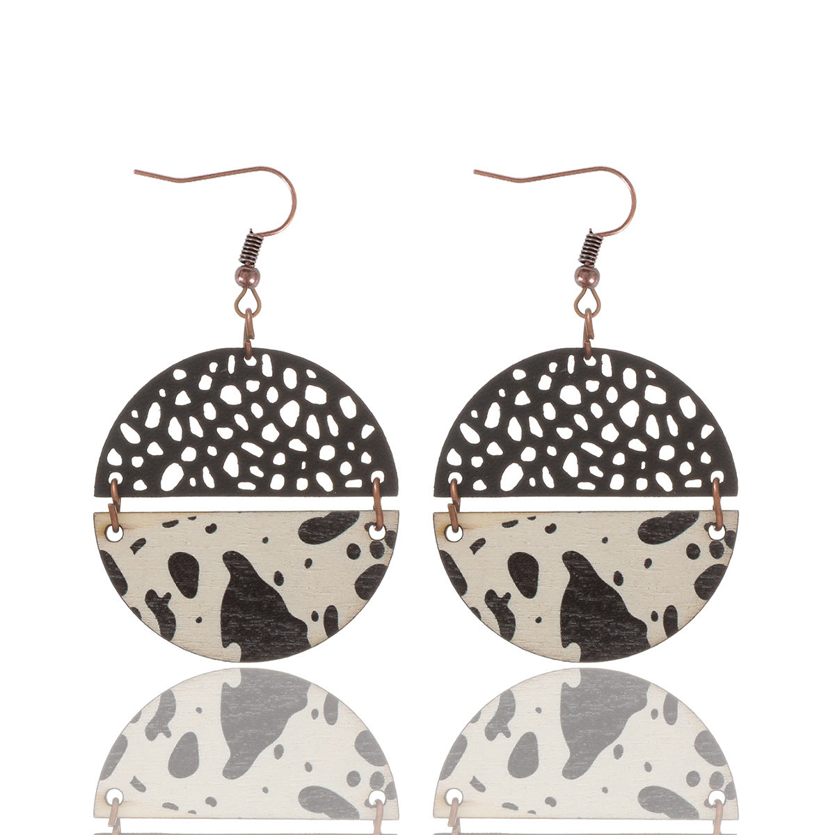 Wholesale Western Style Cow Print Leopard Print Wood Chip Leather Combination Round Earrings